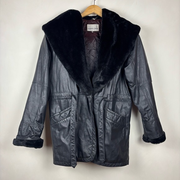 Vintage Donna Pelle Genuine Leather Jacket Sz M Faux Fur Trim Hood Mob Wife - Picture 1 of 15
